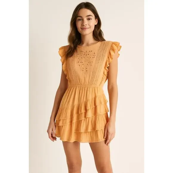 Aritzia's Sunday Best Womens Cottagecore Orange Harriet Ruffle Mini Dress Size 2 - Picture 1 of 9